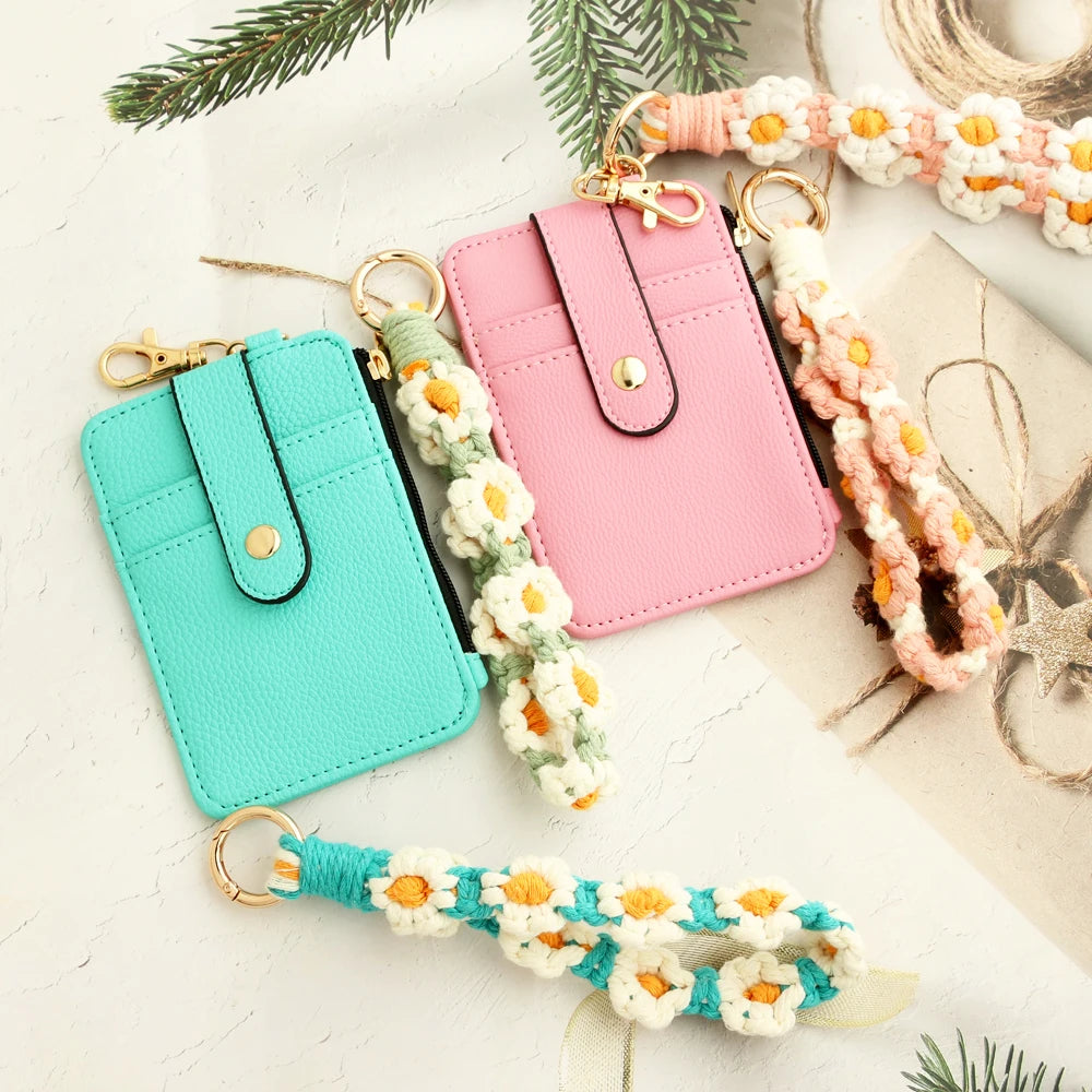 Fashion multifunctional Pattern Credit Card Bag Pu Leather Coin Purse Women Silicone Bead Bangle Keychain