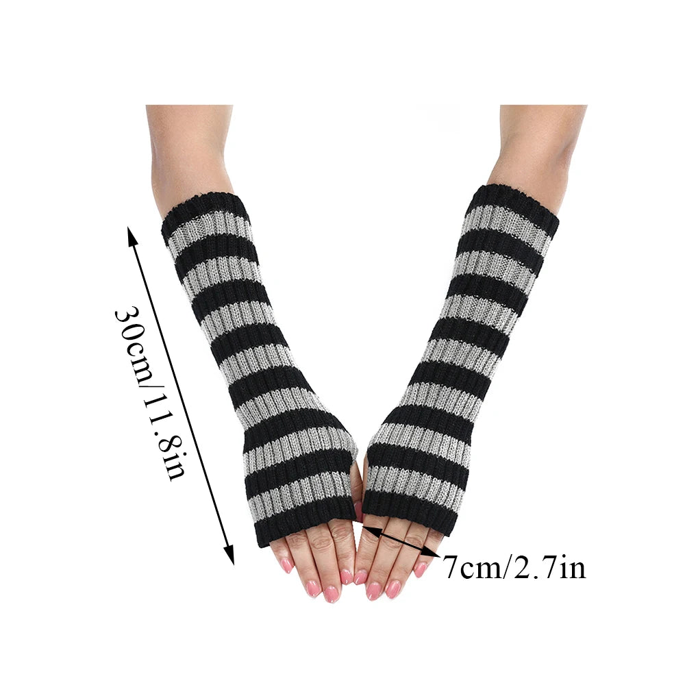 Women's Knitted Fingerless Arm Sleeves Gothic Style Striped Winter Long Arm Warmers Girls Harajuku Y2K Fashion Wrist Gloves