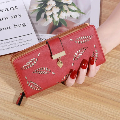 Women Wallet PU Leather Purse Female Long Wallet Gold Hollow Leaves Pouch Handbag For Women Coin Purse Card Holders Clutch