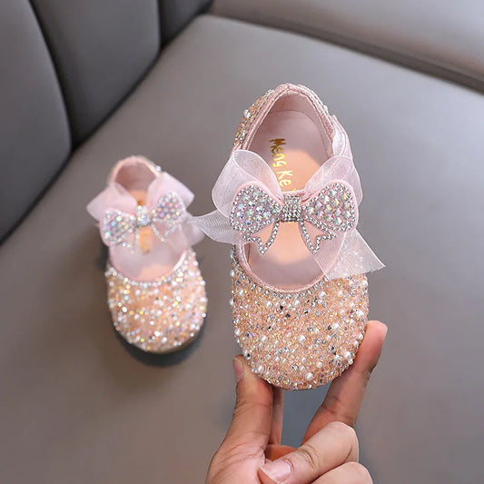 AINYFU New Children's Sequined Leather Shoes Girls Princess Rhinestone Bowknot Single Shoes 2024 Fashion Baby Kids Wedding Shoes