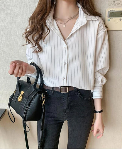 Striped Shirt Women Summer Vintage Chic Loose Long Sleeve Top Y2K Office Ladies Fashion Casual Turn Down Collar All Match Blouse