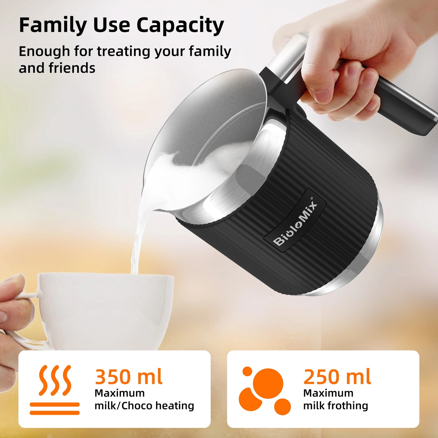 BioloMix Detachable Milk Frother and Steamer,5-in-1 Automatic Hot/Cold Foam and Hot Chocolate Maker,Dishwasher Safe