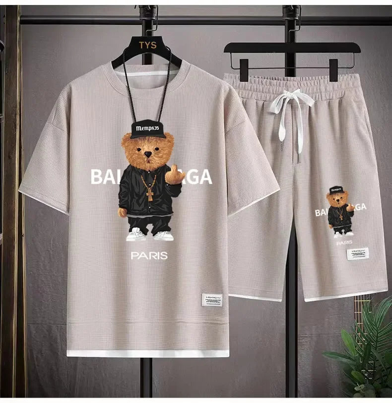 2024 Korean fashion Printed bear T-Shirts Shorts Men's Sets Luxury leisure 2 Piece Outfit Streetwear Summer Quality Tracksuit