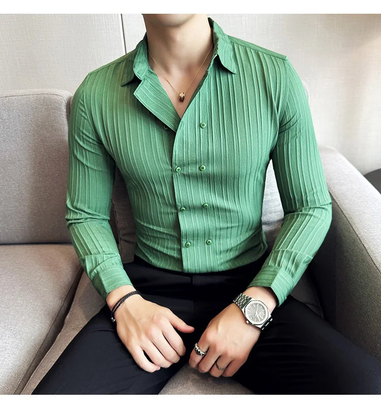 British Style Men Double Breasted Shirt 2023 Autumn New Long Sleeved Striped Slim Fit Shirts Formal Business Social Party Tuxedo