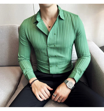 British Style Men Double Breasted Shirt 2023 Autumn New Long Sleeved Striped Slim Fit Shirts Formal Business Social Party Tuxedo