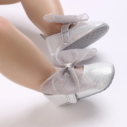 Silver Princess Shoes 0-18M Newborn Casual Shoes Baby Bow Non slip Cloth Bottom Flat Bottom PU Newborn Bow Decoration Mary Janes