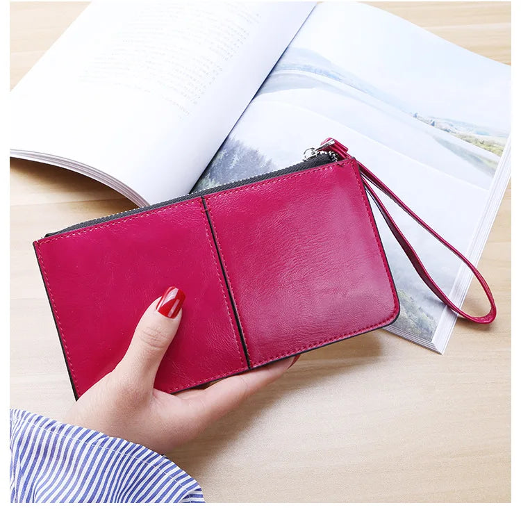 Women's Vintage Oil Wax Leather Zipper Clutch Wallet Female Large Capacity Coin Purse Ladies Wristband Simple Card Holder Wallet