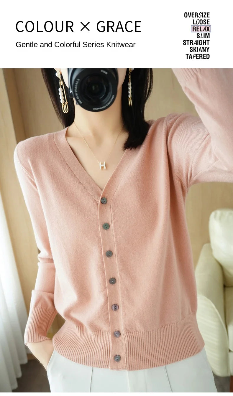 Early Autumn New Andy Cashmere Knit Cardigan V-Neck Solid Color Fashion High-Grade Comfortable Loose Casual Knitwear -GH021