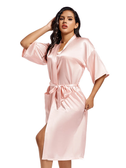 1pc white pink plain robe long satin quality women kimono robes for bride bridesmaid bath robe