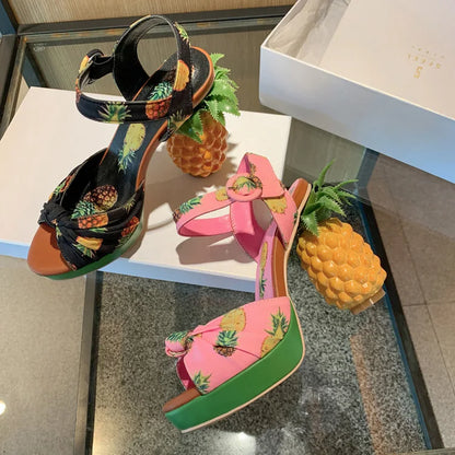 Summer Pink Pineapple Print Open-toe Platform Sandals Sweet Women High-heel Buckle Strappy Women Shoes Lovely Sandalias Mujer