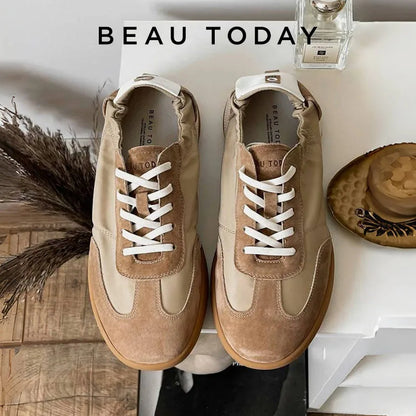 BEAUTODAY Casual Suede Sneakers Women Genuine Leather Patchwork Round Toe Ladies Lightweight Flats Sports Shoes Handmade HW29874