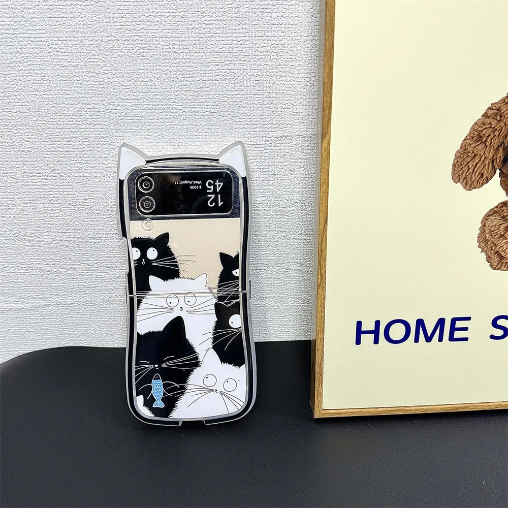 Cartoon Cat Ears Leather Wrist Strap Case For Samsung Galaxy Z Flip 6 5 Flip 4 3 Hand Rope Cute Ins Bracelet Shockproof Cover