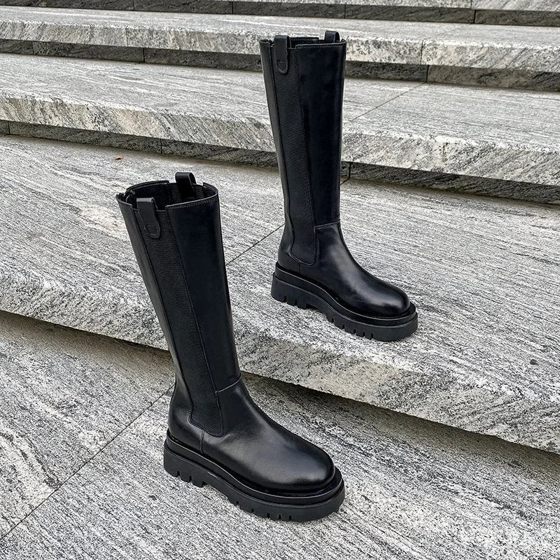 Ladies Shoes 2024 Knee-High Women's Boots Platform Modern Boots Women Sewing Round Toe Back Zip Med Heel Shoes Female Zapatos