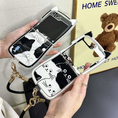 Cartoon Cat Ears Leather Wrist Strap Case For Samsung Galaxy Z Flip 6 5 Flip 4 3 Hand Rope Cute Ins Bracelet Shockproof Cover