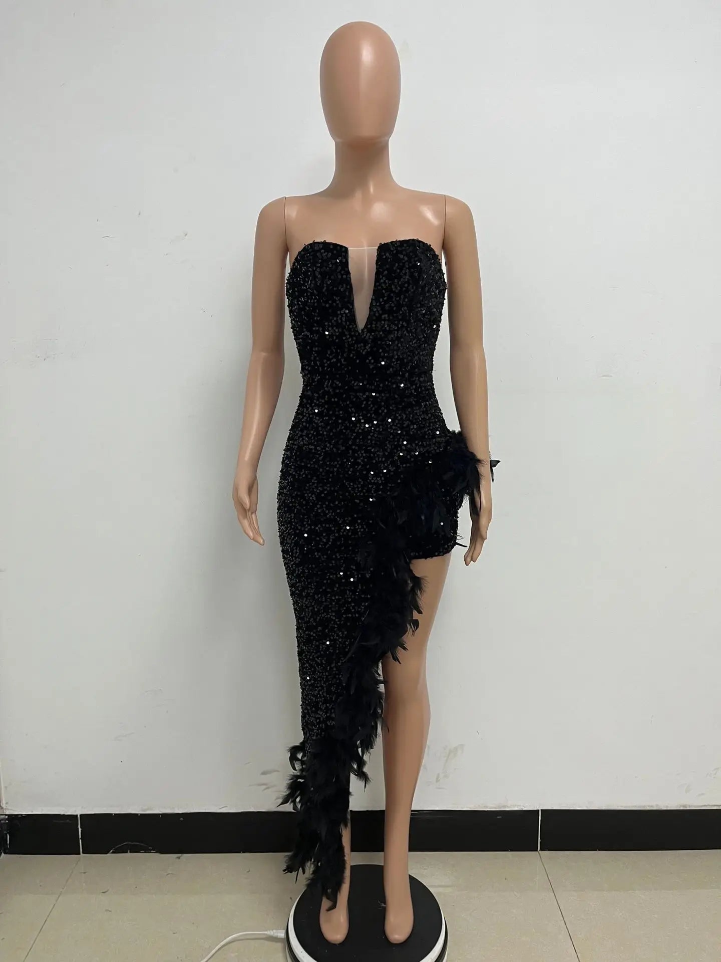 Women Evening Dresses Asymmetrical Shiny Sequins Feather Cocktail Party Dress Sexy Strapless Long Formal Prom Dresses Xiny189