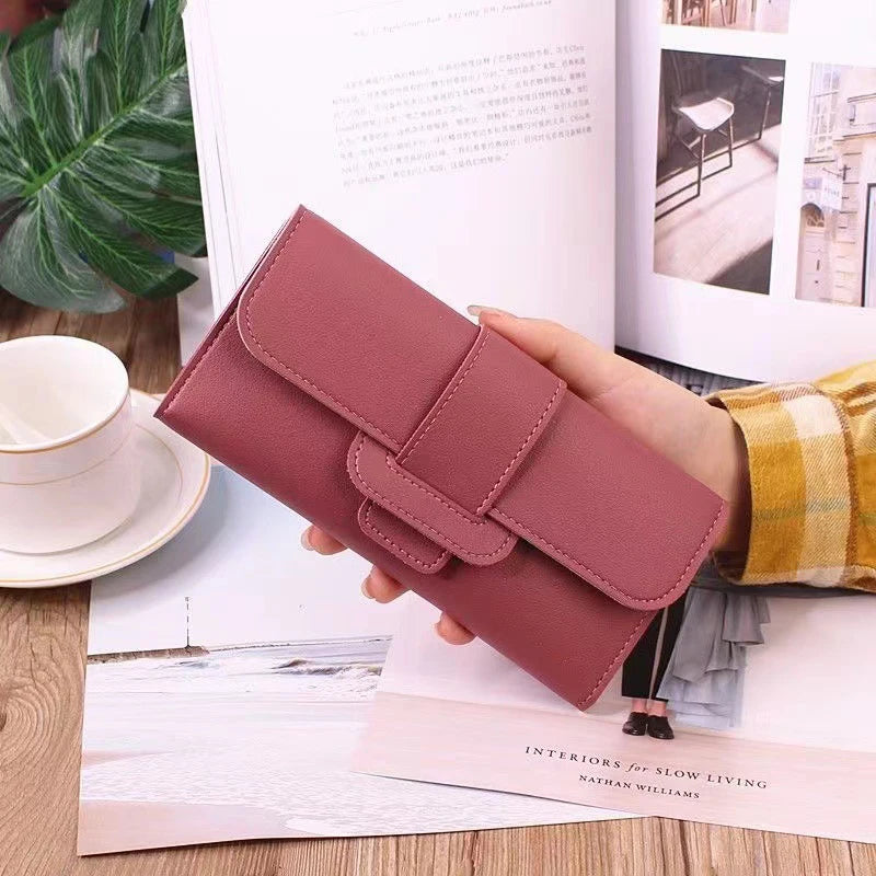 Solid Color PU Leather Women Wallet Luxury Long Hasp Fold-over Pattern Coin Purses Female Thin Clutch Phone Storage Bag Handbag