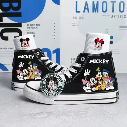 2024 Spring/Summer New Disney Mickey Printed Canvas Shoes for Boys Girls Hand Painted Sneakers Korean High Top Shoes for Women