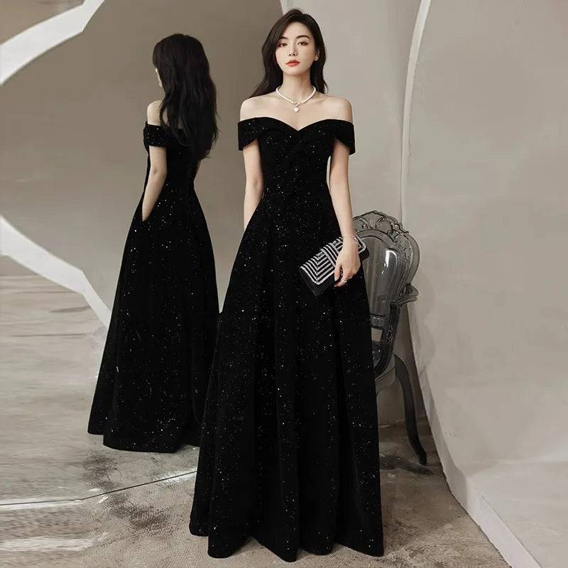 2024 New Arrival Starry Sky Velvet off-Shoulder Black Host Evening Dress Dress Banquet Temperament Winter Long