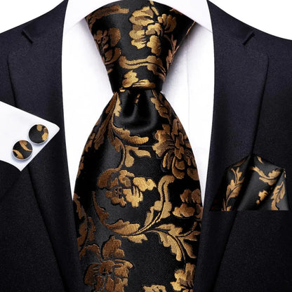 Hi-Tie Black Floral Silk Wedding Tie For Men Handky Cufflink Elegant Necktie For Men Fashion Designer Business Party Dropshiping