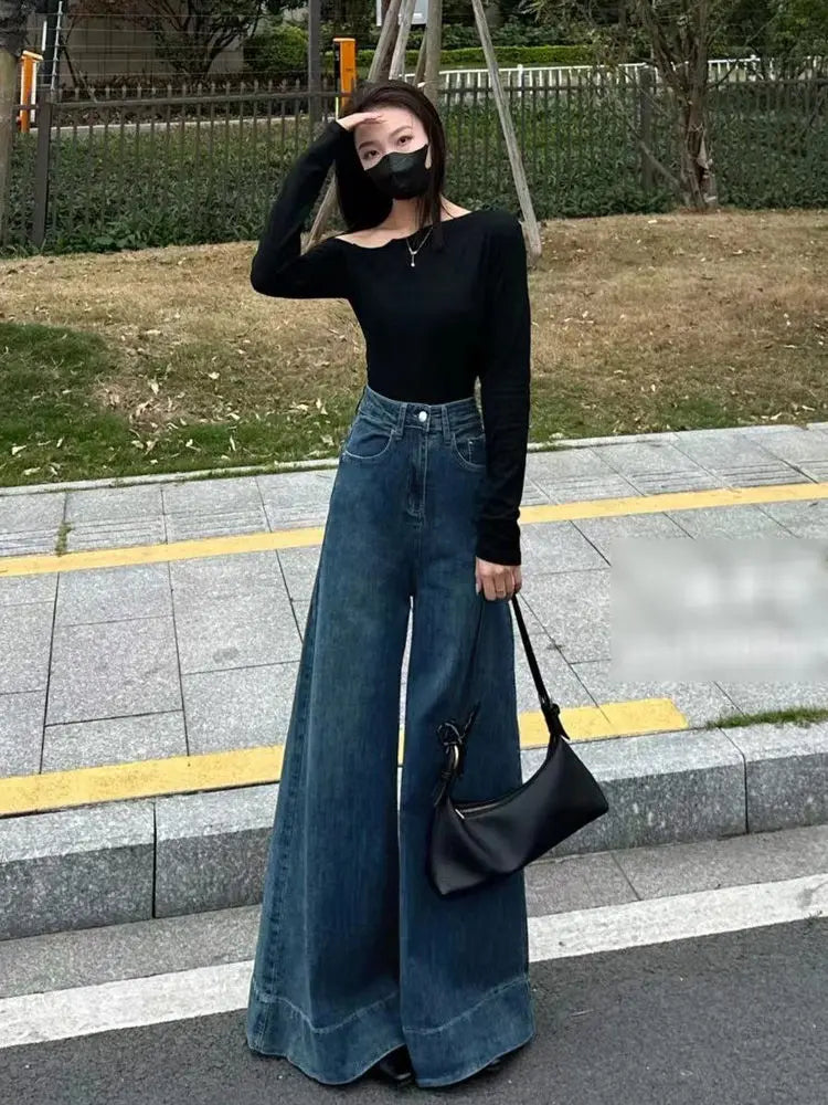 American Retro High-Waist Skiny Flare Pants Wide-Leg Long Jeans Women's Autumn Denim Long Trousers High Street Streetwear