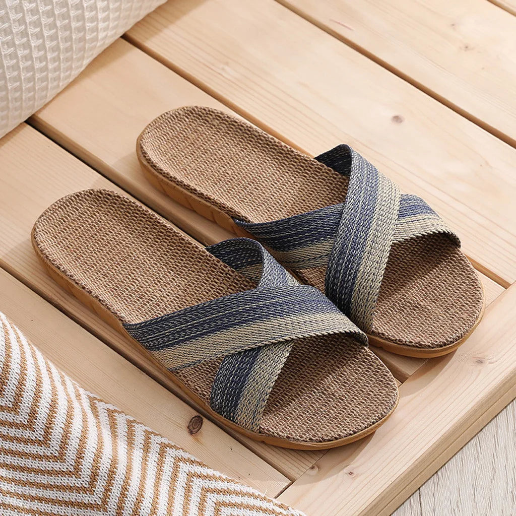 Summer Men Flax Slippers Casual Linen Slides Multi-Style Non-Slip Home Flip Flops Indoor Shoes Male Sandals Pantoufle Homme