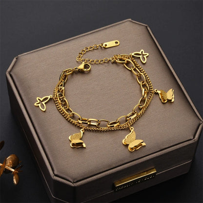 Kuziduocai Statement 316L Stainless Steel New Fashion Jewelry Elegant Style Many Butterflys Charm Thick Chain Bracelet For Women