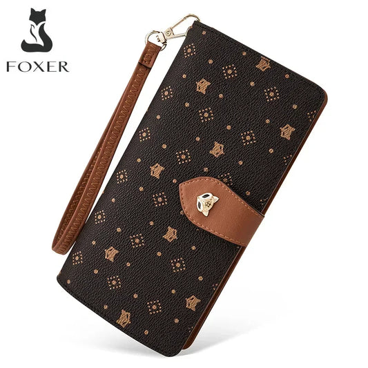 FOXER Women's Long Wallet Card Holder Stylish Money Bag Ladies Monogram Design PVC Leather With Wriststrap Bag Female Coin Purse