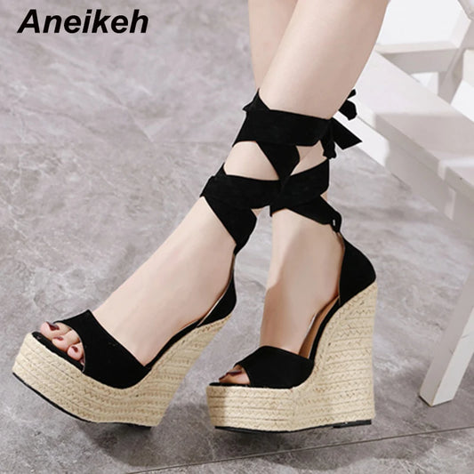 Aneikeh Women Summer Butterfly Knot Open Toe Sandals Fashion Platform High Heel Wedge Lace-Up Ankle Bowtie Dress Shoes 35-40