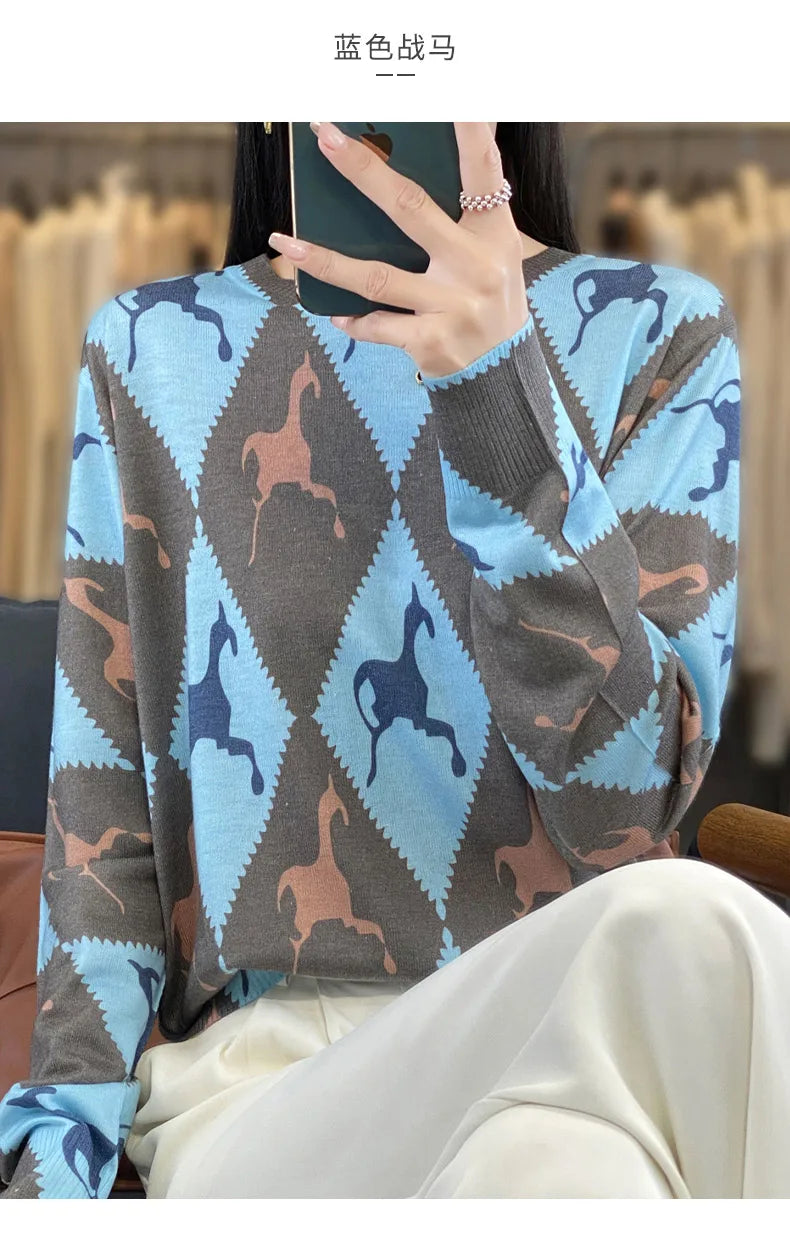 Autumn And Winter New Worsted Wool And Mulberry Silk Printed Round Neck Sweater Fashion Joker Knit Loose Bottoming Shirt Top