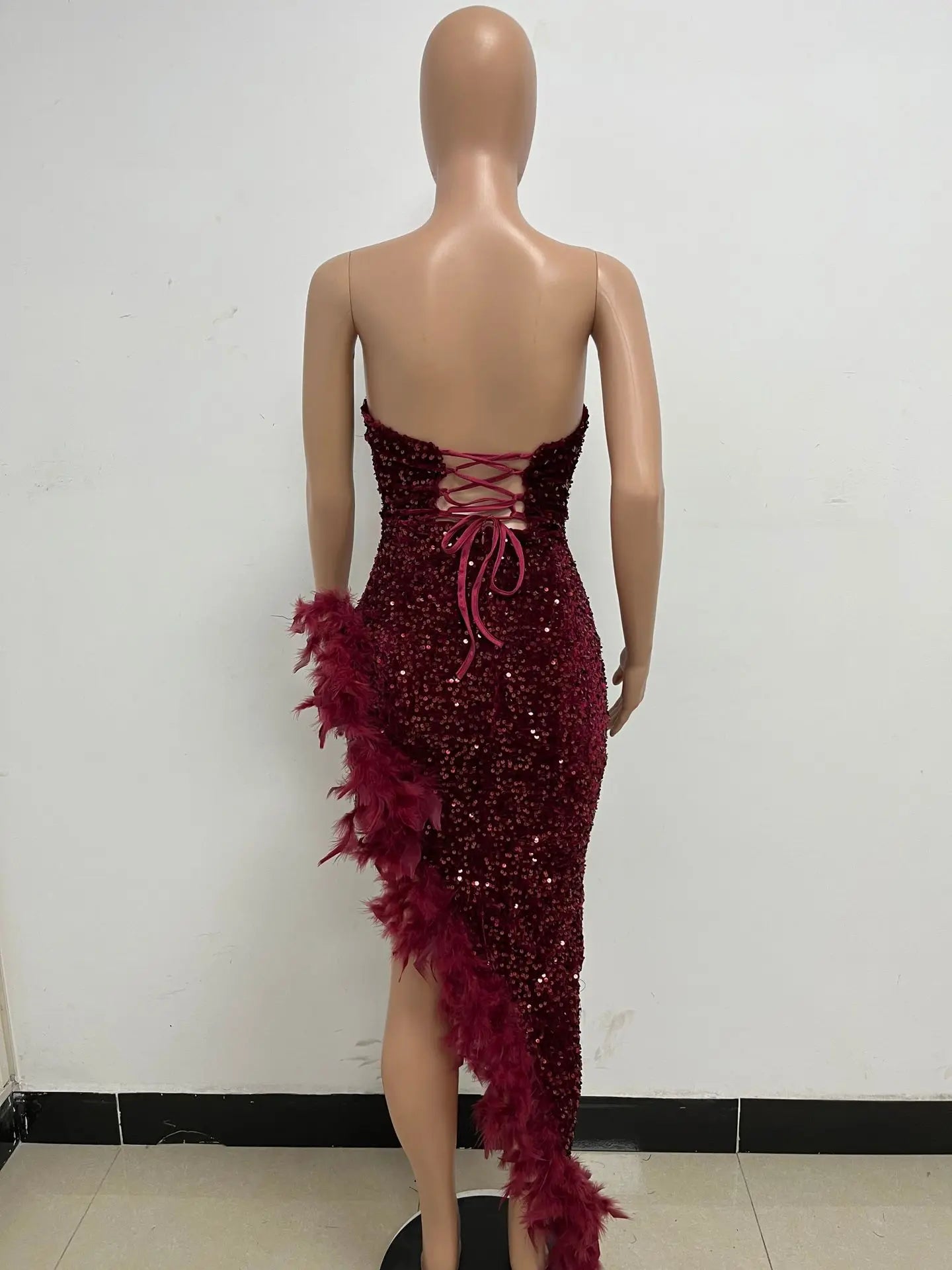 Women Evening Dresses Asymmetrical Shiny Sequins Feather Cocktail Party Dress Sexy Strapless Long Formal Prom Dresses Xiny189