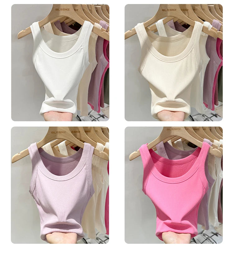 zjaiss Women Solid Round Neck Ribbed Tank Top Camisole Women 2025 Summer Basic Elastic Tank Top O Neck Solid Tank Top