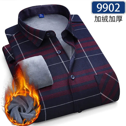 New 5XL men's shirt autumn and winter plus fleece thickened warm long sleeve non-ironing plaid business casual slim-fit fashion