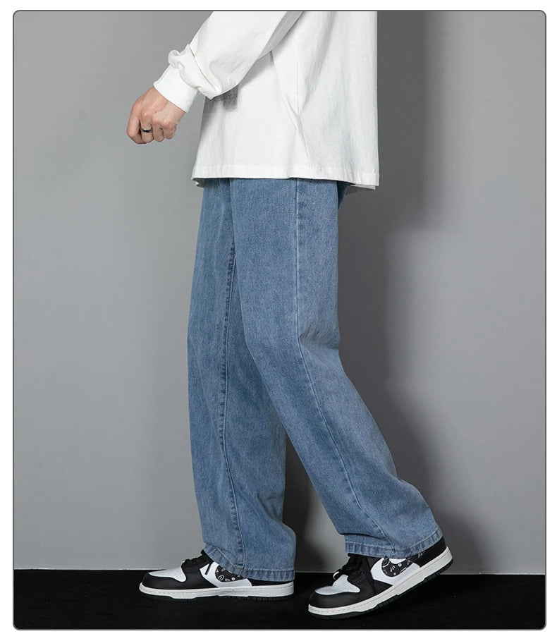 2025 New Korean Men's Casual Long Jeans Classic Man Straight Denim Wide-leg Pants Solid Color Light Blue Grey Black 3XL