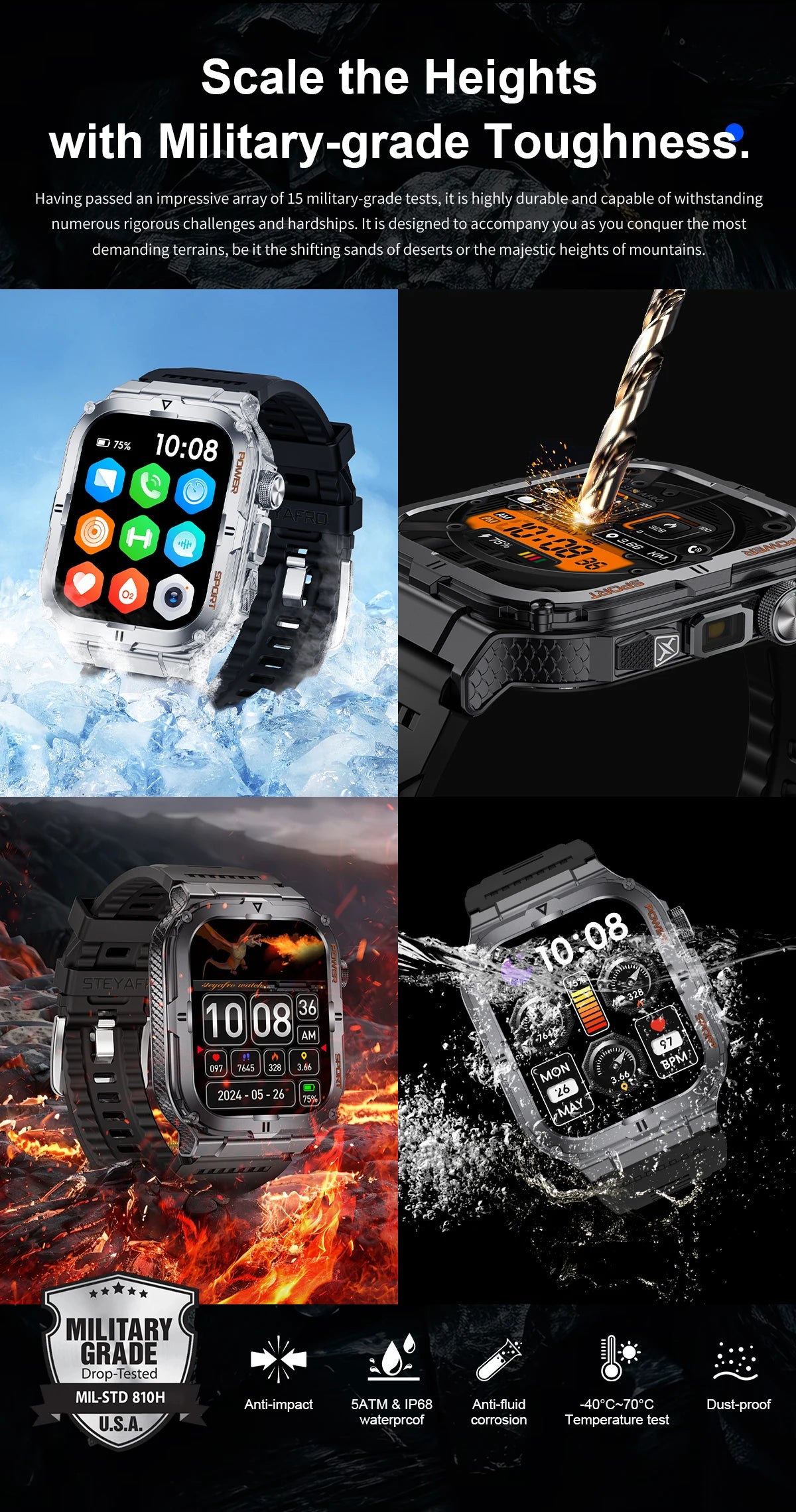 2024 men smartwatch, Bluetooth call tracker, military sports waterproof watch, digital fitness tracker smartwatch LED flashlight