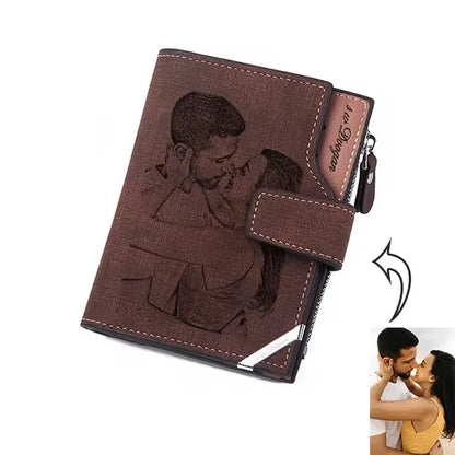 Men's Engraving Custom Inscription Photo Engraved Wallet Short wallet purse Custom postcard wallets engraved leather wallets