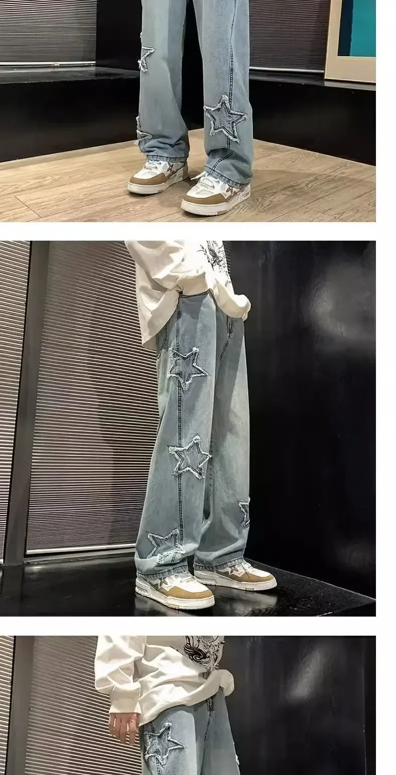 Stars Patchwork Men Jeans New Fashion Y2K Tassel Pants Korea Clothes Straight Hip Hop Splicing Trousers Male Streetwear