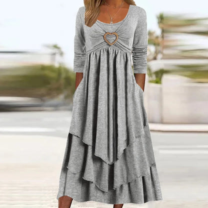 Elegant Office Women Patchwork Pockets Midi Dress Round Neck Basic Solid Long Sleeve Dress Lady Casual Summer Ruffles Club Dress