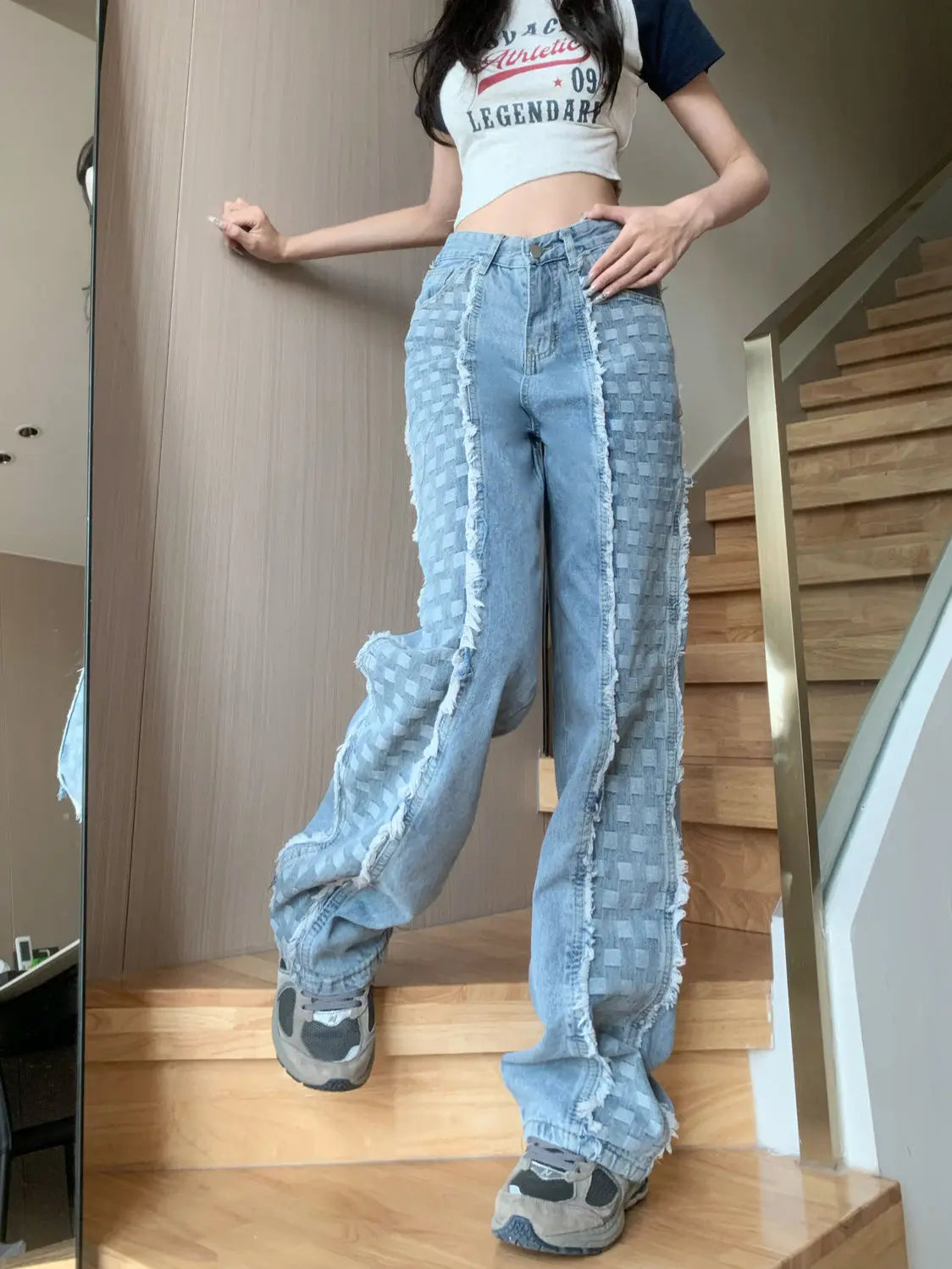 Fashion Plaid Splicing Straight Leg Jeans for Women Versatile New Korean Version High Waisted Loose Pants for Trendy Women