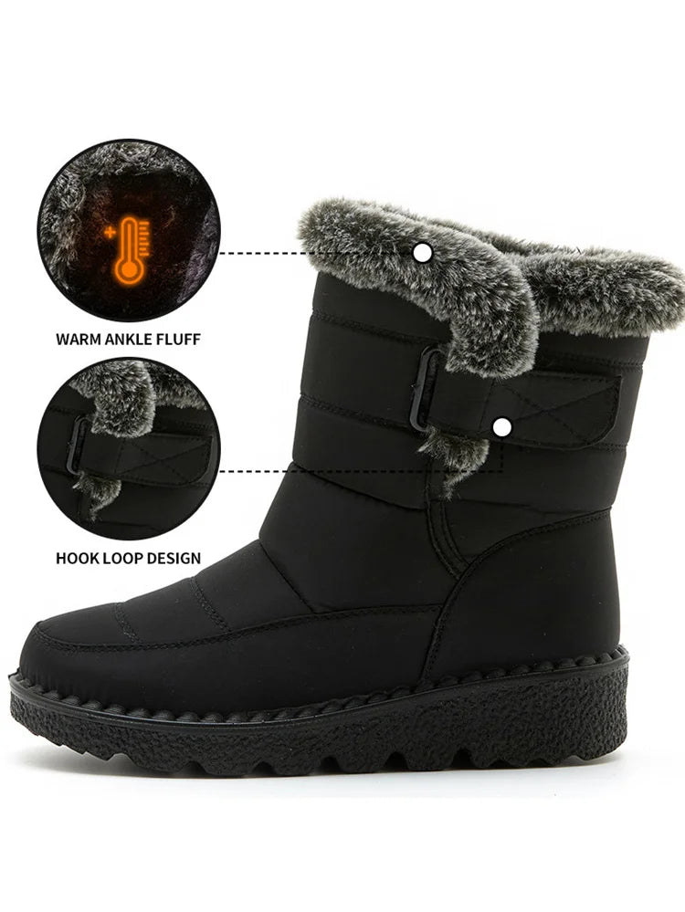 Msfilia Women Autumn Winter Rabbit Fur High Barrel Warm Velcro Waterproof Snow Boots