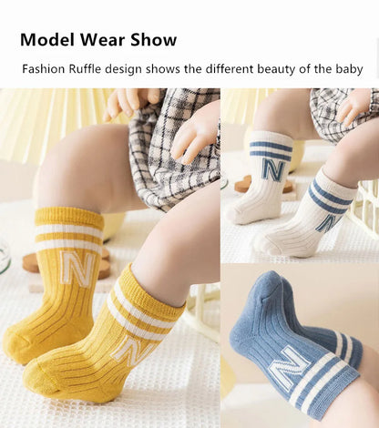 3 Pairs Baby Letter Socks Knit Soft Cotton Sock Kids Long Knee High Socks Infant Toddler Baby Boys Girls Cute Stripe Socks