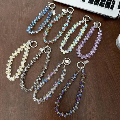 Glitter Beads Hand Wrist Strap Crystal Lanyard for iPhone Huawei Redmi Xiaomi Samsung Phone Charm Ornament Keychain Hang Rope