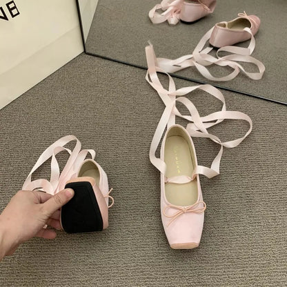 NEW Classic Silk Ballet Shoes Lace Up Ballet Shoes Women Square Toe Bowtie and Rose Flower Women Flats Elegant Valentine Shoes