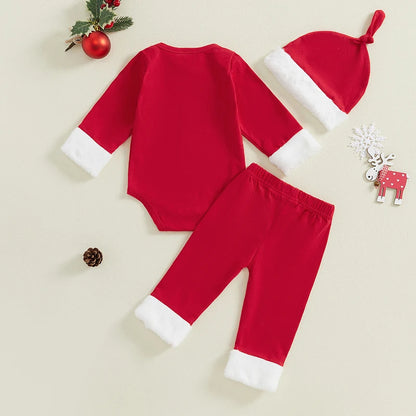 My First Christmas Baby Boy Outfit Long Sleeve Santa Baby Romper Red Long Pants Xmas Hat 3Pcs Christmas Outfit