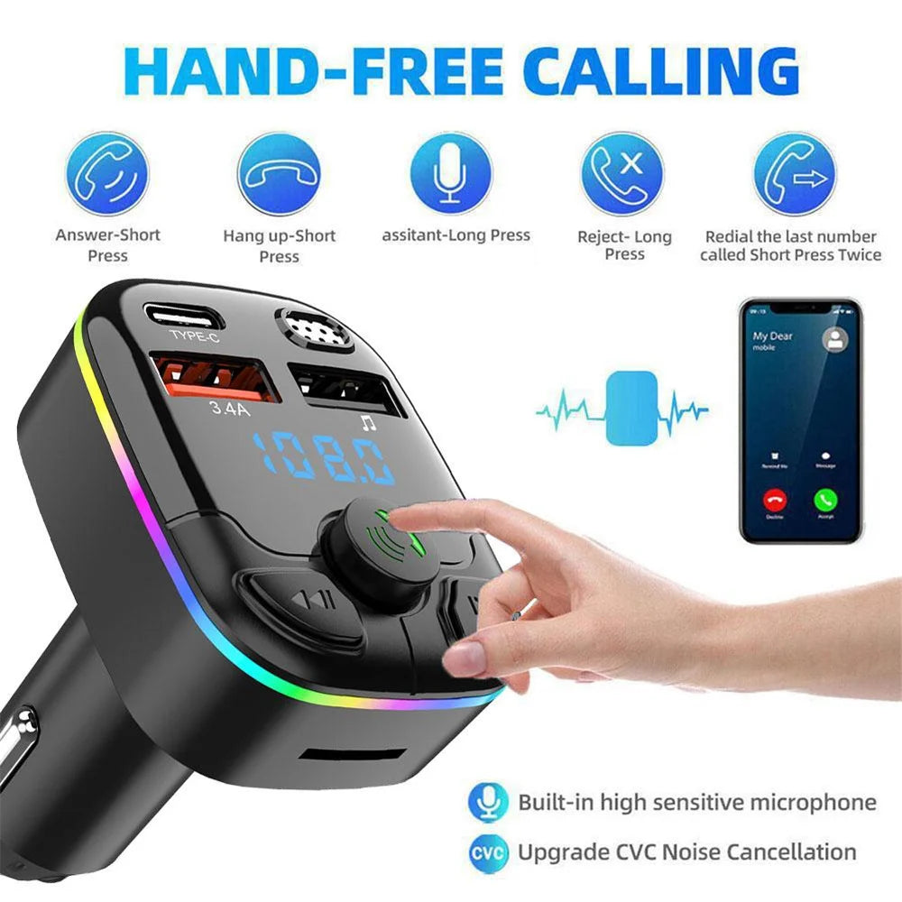 Bluetooth 5.0 Car FM Transmitter Type-C Dual USB Ambient Player MP3 Car Charger Type-C Wireless Light Phone Hands Free Car Radio