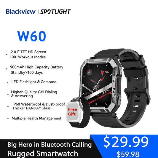 Blackview W60 2024 Neue Smartwatch 2,01-Zoll-HD-Display TFT Robuste Smartwatch für den Außenbereich mit Notbeleuchtung und Bluetooth-Anrufen