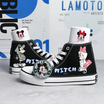 2024 Spring/Summer New Disney Mickey Printed Canvas Shoes for Boys Girls Hand Painted Sneakers Korean High Top Shoes for Women