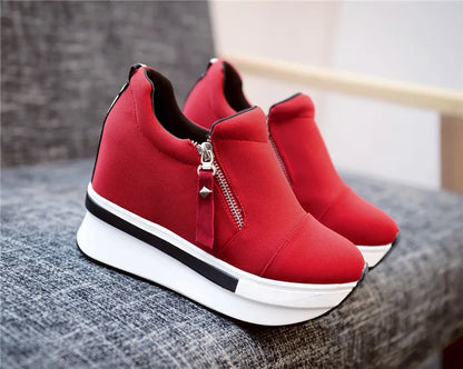 Platform Sneakers 2023 New Women Red Casual Comfortable Hidden Heel Shoe Black Canvas Shoes Wedge Heels Sneaker Tenis De Mujer