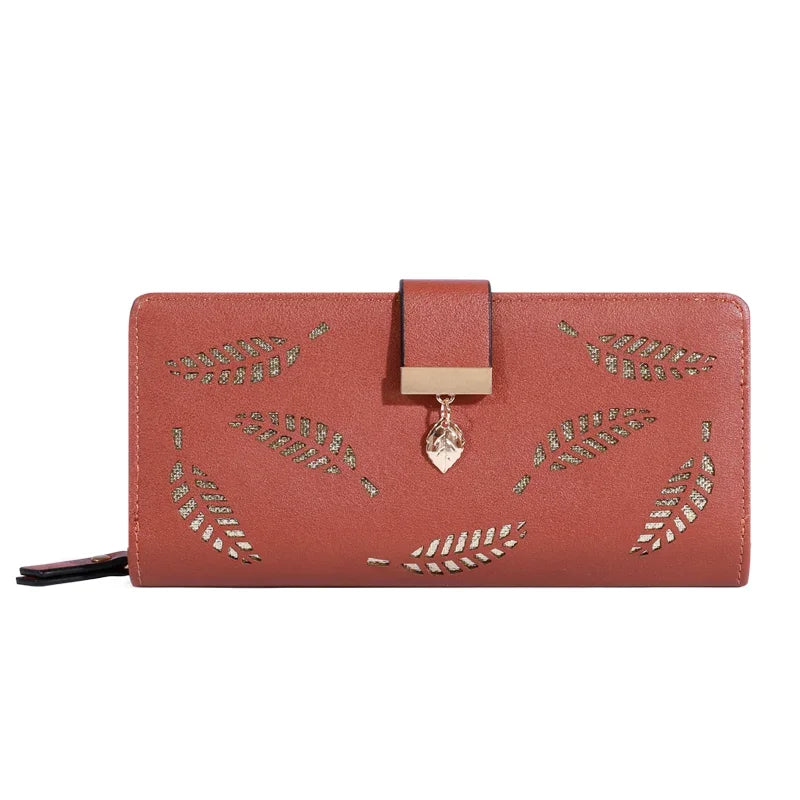 Women Wallet PU Leather Purse Female Long Wallet Gold Hollow Leaves Pouch Handbag For Women Coin Purse Card Holders Clutch