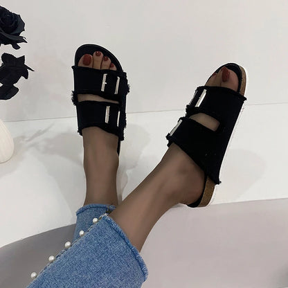 Women's Slippers Flat Bottom Slipper 2023 Summer New Line Slippers Large 43 Denim Leather Buckle Outside Sandals Sandalias