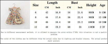 2 Pcs Summer New Baby Girl Dress Fashionable Floral Fly Sleeve Cotton Dress with Crossbody Bag Suitable for Babies Aged 0-3